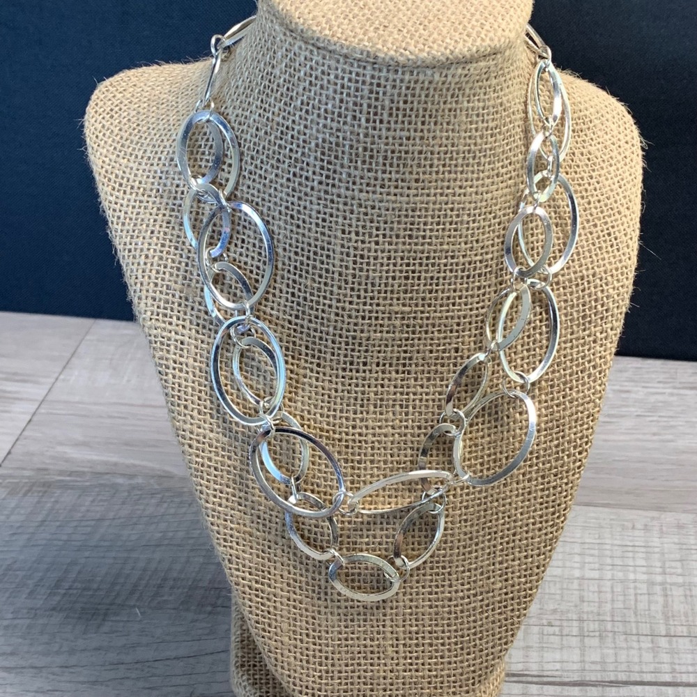 Silver Tone Multi Link Oval Ring Statement Collar Necklace 16 Inch 4753